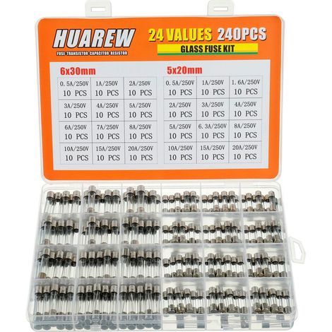 24 Werte, 240 Stück flinke Glassicherungen, 250 V Spannung, 5 x 20 mm, 0,5 A, 1 A, 1,6 A, 2 A, 3 A, 4 A, 5 A, 6,3 A, 8 A, 10 A, 15 A, 20 A 6 x 30 mm, 0,5 A, 1 A, 2 A, 3 A, 4 A, 5 A, 6 A, 7 A, 8 A, 10 