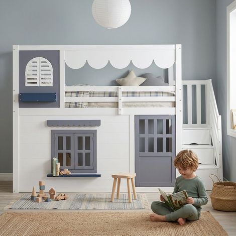 Lit Mezzanine Enfant 90 x 200 cm escalier à rangement barrière anti-chute porte ouvrante fenêtres rangement latéral blanc (1/5)