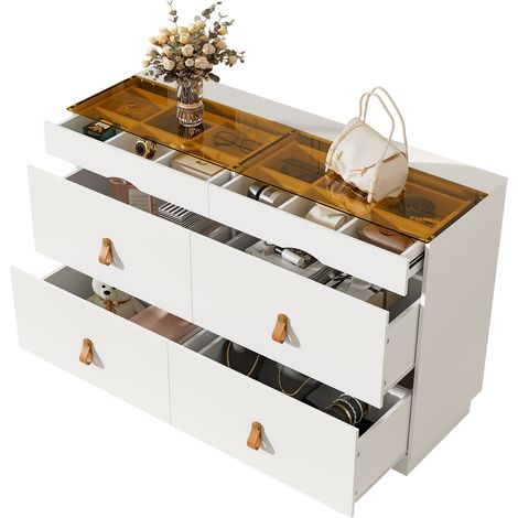Kommode mit 6 Schubladen und Facheinteilung, Glasplatte, Kippsicherung, aus Spanplatte, 120×40×78 cm, Weiß (1/5)