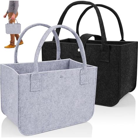2 Pcs Sacs de Courses en Feutre Pliables, Grands Paniers avec Anses pour Bois, Jouets, Vêtements, Shopping, 39x26x20cm, Noir & Gris (1/5)
