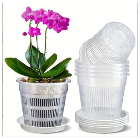 BUNTHAUS (140 mm) 5 pots à orchidées en plastique transparent, pots à orchidées en plastique blanc avec trous de drainage et plateaux, adaptés à la culture de plantes en pot dans le jardin (1/5)