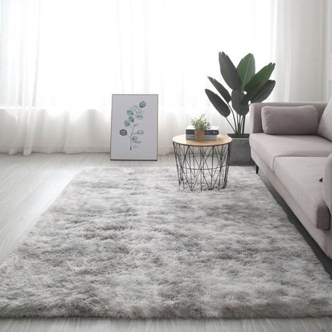 Tapis à poils longs - moquette - tapis de salon - tapis 160x230 - Tapis peluche tie-dye - fibres de polyester - Blanc-gris (1/5)