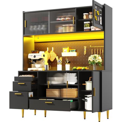 CHICFURN Aparador alto 140x40x180 cm negro de MDF y metal con LED y puertas de cristal (1/5)
