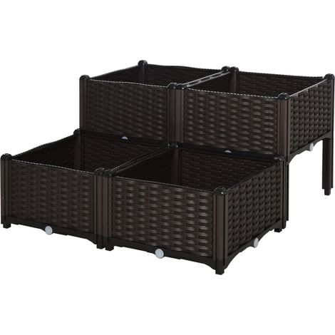 Jardinière surélevée aspect rotin 40x40x44 cm polypropylène avec trous drainage, bac fleurs décoratif balcon jardin extérieur marron (1/5)