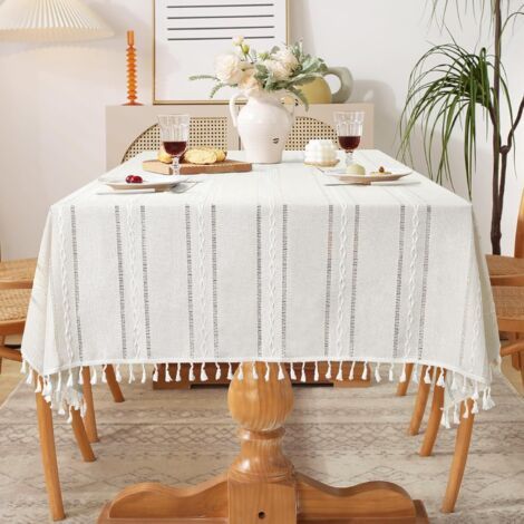 Semplice tovaglia con pon-pon - ideale per decorare la tavola, per i pasti di tutti i giorni e per le feste - 1 pezzo, beige, 110 x 170 cm (1/4)