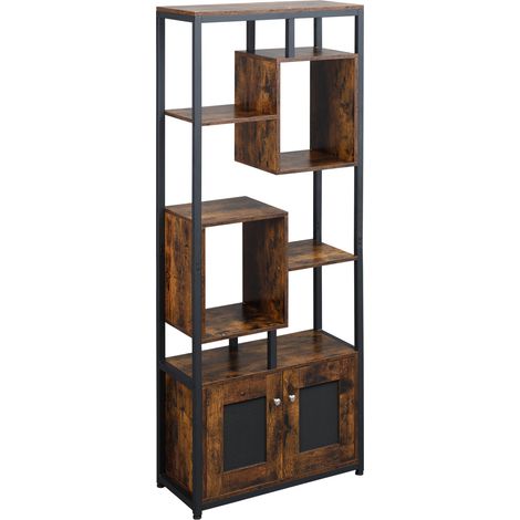 Échafaudage bibliothèque mobile style industriel 2 portes 8 étagères 70x30x180cm Marron