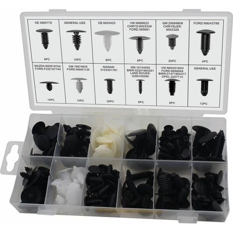 Pack de 128 grapas y clips de plástico para carrocería de coche. Universales, compatibles con VW, Ford y otras marcas. Repuestos de automoción.