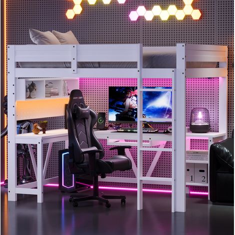 Cama alta gaming 90x200 cm en MDF y pino blanco con escritorio, LED, enchufes y estantes