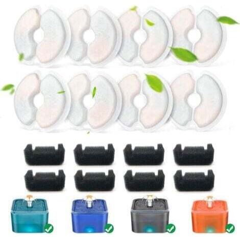 Lot de 8 filtres de fontaine à eau pour chat + 8 filtres éponge, charbon actif de 10,5 cm et résine de rechange pour fontaine pour animaux de compagnie de 2 L/2,5 L - Triple système de filtration pour (1/5)