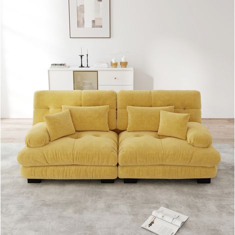 Canapé d’angle 220/77/81 cm en chenille jaune, modulable avec coussins lombaires et déco (1/5)