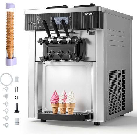 Machine à Glace Molle Commerciale, Machine à Crème Glacée de Comptoir 20-28 L/h, pour Glacier Camion-Restaurant, 3 Parfums, 2 Trémies de 6 L avec Aigitateur, Pré-refroidissement et Autonettoyage (1/5)