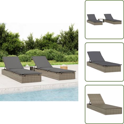 Sonnenliegen 2 Stk. mit Tisch Grau Poly Rattan - Sonnenliegen - Gartenmöbel - Lounge Möbel - Outdoor Furniture - Pool Accessoire (1/5)