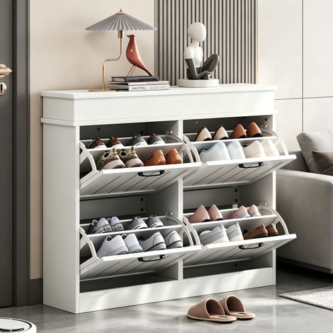 Zapatero 105x24x83 cm blanco en MDF con 4 puertas abatibles y 8 compartimentos (1/5)