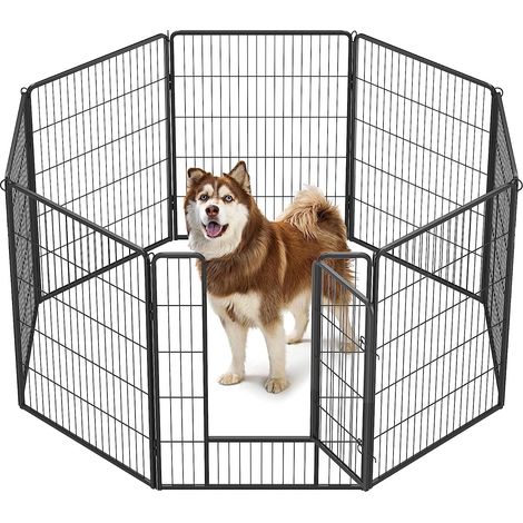 Feandrea – Parc pour chien en métal noir 8 grilles 77 x 100 cm – Montage sans outil – Piquets pour stabilité – Dimensions modulables 160 x 160 cm ou 240 x 80 cm (1/5)