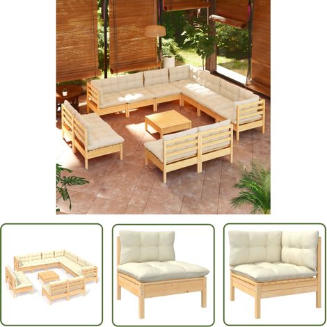 INLIFE Salon de jardin 12 pcs avec coussins crème Bois de pin massif (1/5)