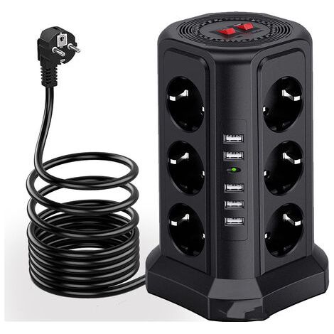 Tour multiprise parafoudre et surtension, Multiprise Electrique avec 5 Ports USB et 12 Prises, multiprise avec et 3 Interrupteurs, Noir- (1/4)