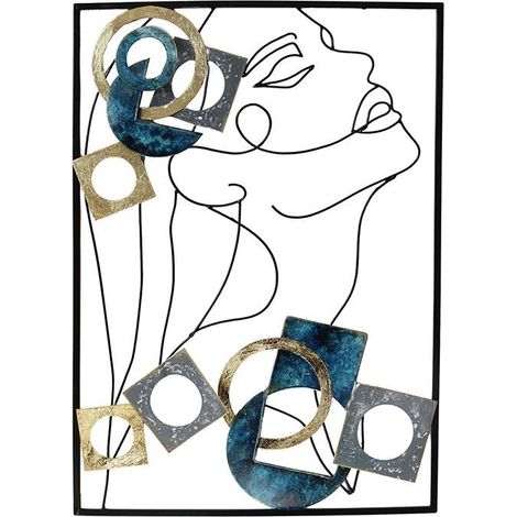 Décoration murale en métal visage et formes bleues et or
