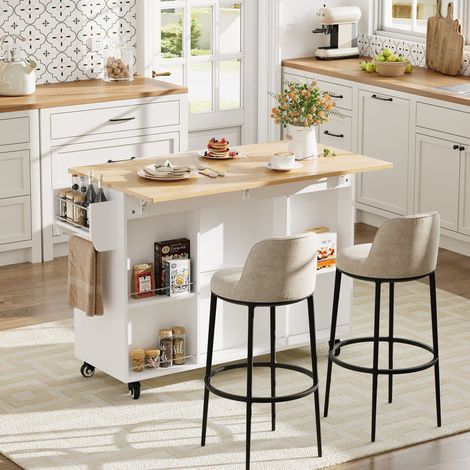 Îlot de cuisine roulant, plan de travail rabattable, table de service mobile 120 cm avec tiroir et placard, blanc chêne, 92,9 x 120 x 43,5 cm (1/4)