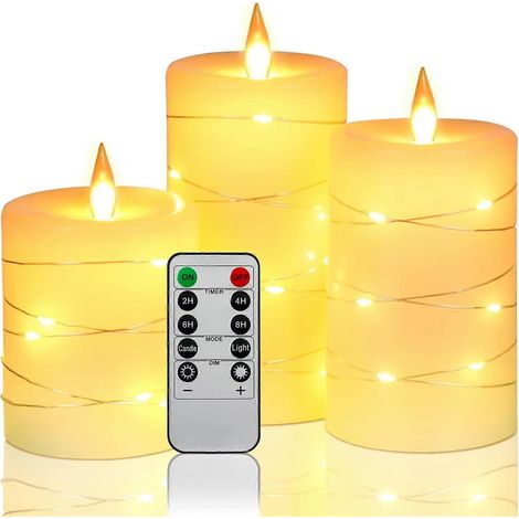 LED-Kerzen, integrierte Lichterkette, 3 LED-Kerzen, mit 10-Tasten-Fernbedienung, 24-Stunden-Timerfunktion, tanzende Flamme (1/5)