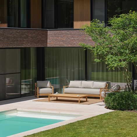 Salon de jardin bas en teck avec coussins gris chiné 5 personnes (1/5)