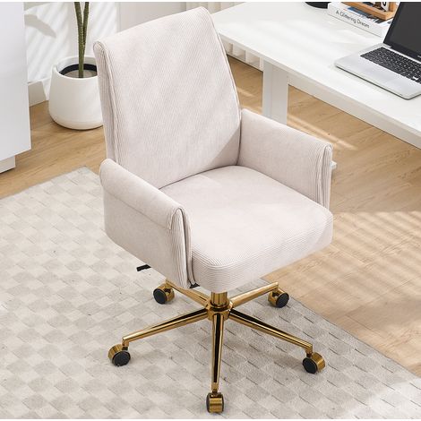 Chaise de bureau en velours côtelé blanc avec base en métal doré, soutien lombaire et accoudoirs, 64×61×107 cm (1/5)
