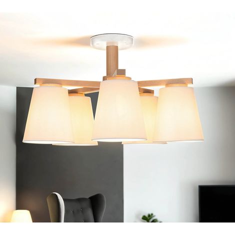 Deckenlampe Weiß Holz Stoff Skandinavisch 3x E27 Wohnzimmer