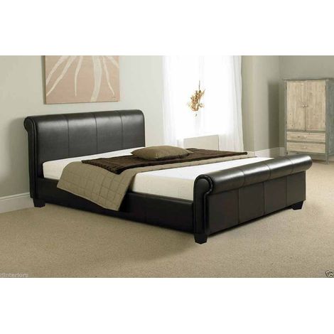 Comodo Modern Faux Leather Sleigh Bed  - Brown - 5ft No Mattress