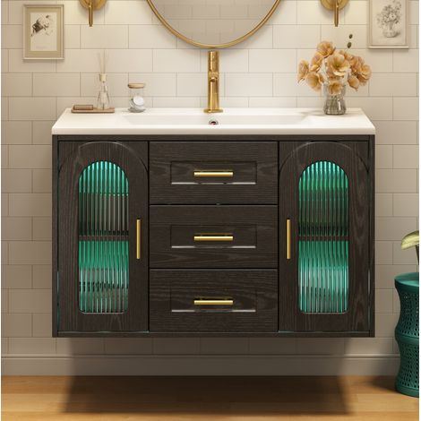 Mueble de baño suspendido (76x46x55 cm), con lavabo cerámico, LED integrada, almacenamiento flexible, MDF y vidrio negro (1/5)