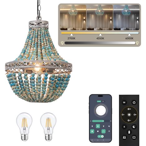 Bohème Boho Naturel Bois Perles Éclairage Plafonnier E27 Loft Paysage Français Lustre Ancien Plafonnier Suspension pour Chambre Cuisine Îlot Salle à Manger Salon (1/5)