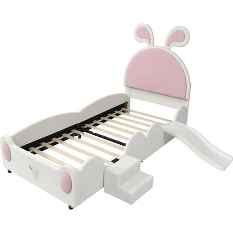 Cama infantil acolchada conejo con tobogán y escalera, PU blanco y rosa, 90 x 200 cm (1/5)