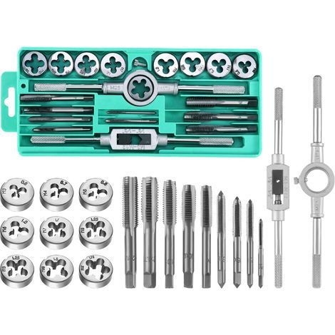 Applicable Coffret Tarauds et Filières, Outil de Filetage et Taraudage, Jeu de Tarauds et Matrice, Ensemble de Tarauds et Filières M3-M12 pour Filetages Internes et Externes (Vert 20PCS) (1/5)