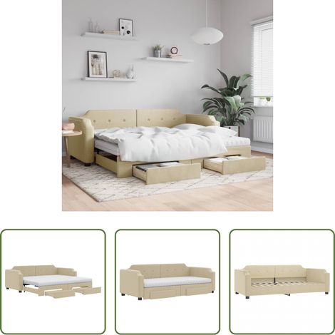 Schlafsofa -  Tagesbett Ausziehbar mit Schubladen Creme 90x200 cm Stoff