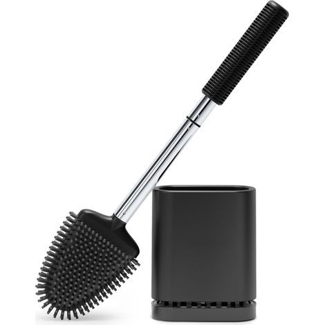 Brosse WC, Brosse Toilettes WC Silicone, Balai Toilette et Support, Noir Balayette Silicone Suspendu, Mural sans Percageà, Montage Mural/au Sol, Salle de Bain - Noir Mat (1/4)