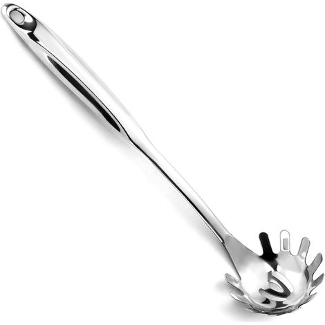 Einteiliger Pastalöffel, einteiliger Pastalöffel aus Edelstahl, 13 Zoll langer, komfortabler Griff, mit gezahntem Pastasieb, silbernes Pastabesteck.