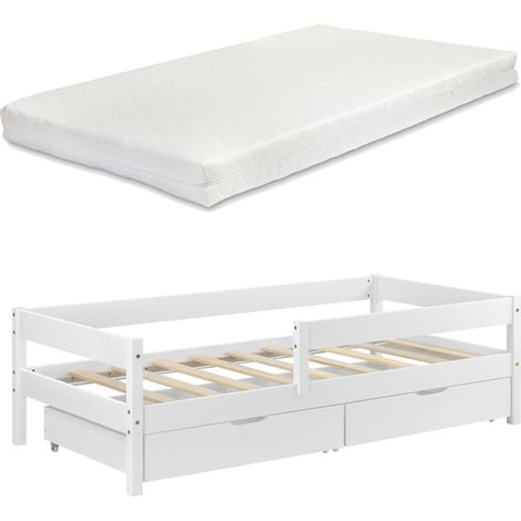 Letto per Bambino/Gioventú con 2 Cassetti Portabiancherie e Materasso Ipoallergenico a Schiuma Fredda 90x200 cm Lettino in Legno di Pino con Corrimano Laterale - Bianco