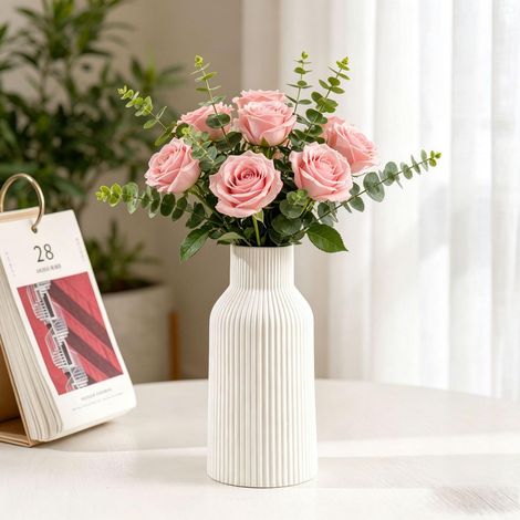 Jarrón redondo de cerámica, de estilo bohemio moderno, ideal para el salón o el dormitorio, de estilo minimalista, de color blanco. (1/5)