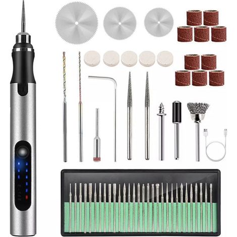 Stylo graveur électrique, vitesse réglable, outil de gravure professionnel sans fil rechargeable, ensemble de 58 pièces (argent) (1/5)