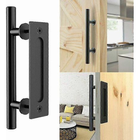 Poignée de porte coulissante rétro en aluminium noir et poignée encastrée en bois, 30 cm (1/4)