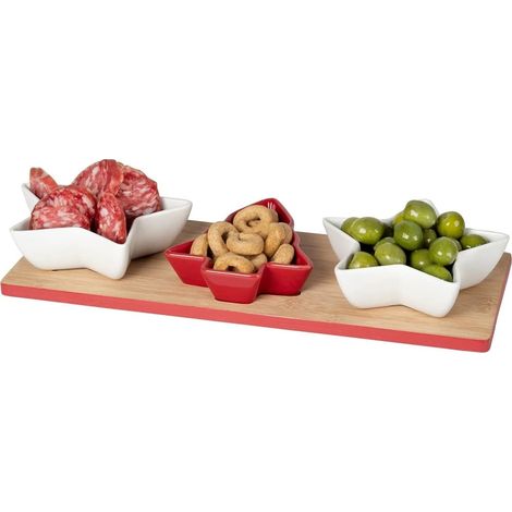 TrAdE Shop Traesio - Antipastiera 3 Posti Con Vassoio Base In Bamboo 33x12cm 3 Coppette In Ceramica Natalizie - (1/2)