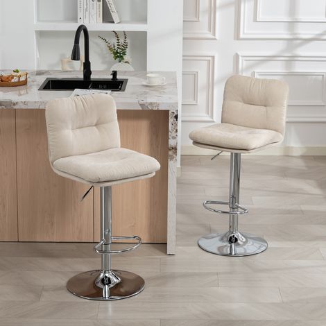 Set di 2 sgabelli da cucina alti, girevoli, rivestiti in lino, con altezza, schienale e poggiapiedi regolabili, beige.