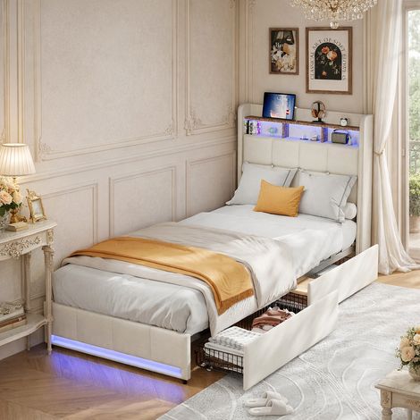 Lit 90x200 avec sommier LED et USB, lit simple capitonné avec 2 tiroirs de rangement, lit enfant cadres de lits 1 place pour enfant adolescent, tissu en lin, beige