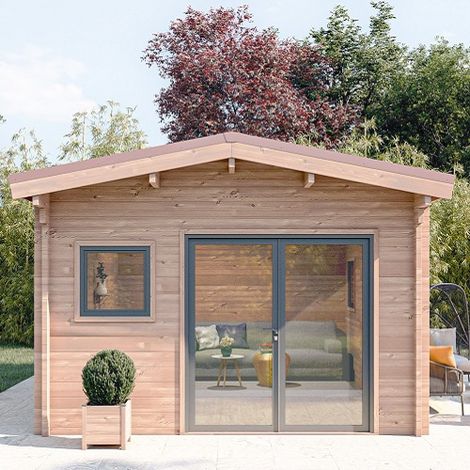 Abri de jardin Oyonnax 20m² – Bois douglas 55mm – Toit bacacier – Double porte PVC – 2 fenêtres double vitrage – Monnet Seve (1/5)