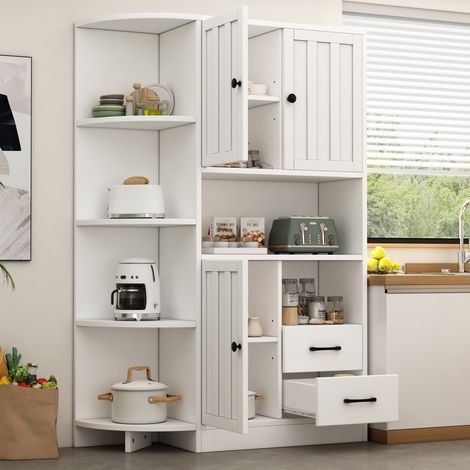 Armoire d’angle 104x35x155 cm vitrine salon 3 placards 2 tiroirs 14 rangements blanc meuble