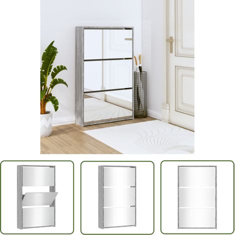The Living Store Armoire à chaussures miroir 3 niveaux Sonoma gris 63x17x102,5cm - Armoire À Chaussures - Rangements Chaussures - Étagère Chaussures - Meuble Entrée - Rangement Intérieur (1/5)