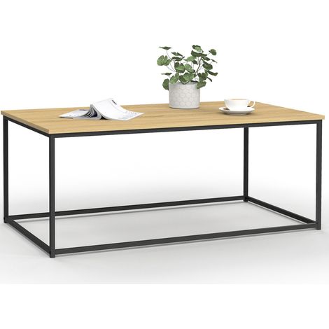 Idmarket – Table basse rectangulaire 113 cm – Structure métal noir – Plateau en bois PB 1,5 cm – Style industriel pour salon moderne (1/5)