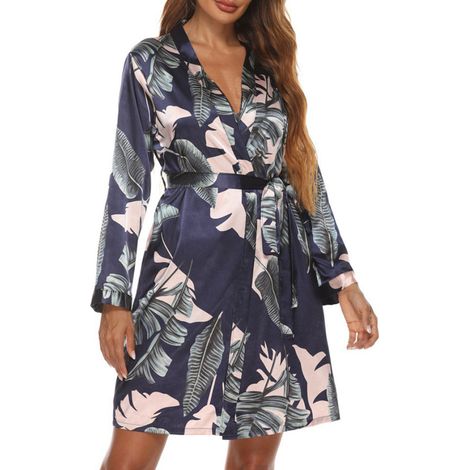 Peignoir court pour femme, manches longues, imprimé, col en V, respirant, avec ceinture, bleu, taille S. (1/5)