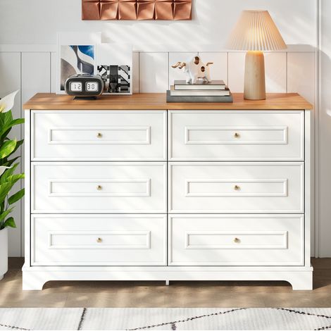 Buffet en MDF et panneaux de particules blanc, plateau effet bois, 6 tiroirs, 120 x 40 x 76 cm (1/5)