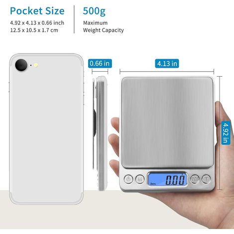 Balance de cuisine numérique 500 g, précision 0,01 g. Balance de cuisine multifonctionnelle en acier inoxydable avec écran LCD rétroéclairé et fonction tare. Couleur : argent.