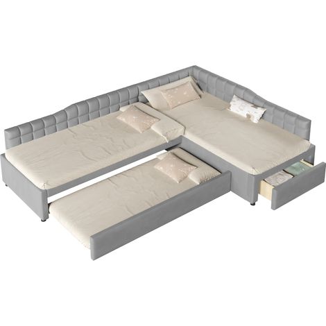 Letto imbottito L salvaspazio con letto estraibile e cassetti, in tessuto grigio, 90x200 cm + 90x200 cm + 90x190 cm, per cameretta e ospiti CHICFURN (1/5)