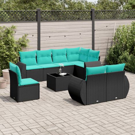 9-teiliges Gartensofa-Set mit Kissen, schwarzes Polyrattan (1/5)